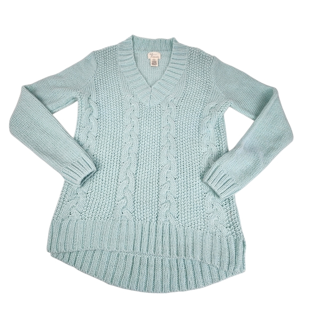 Andrea Jovine Small Cable Knit V Neck Sweater Chunky Wool Alpaca Blue Green Teal